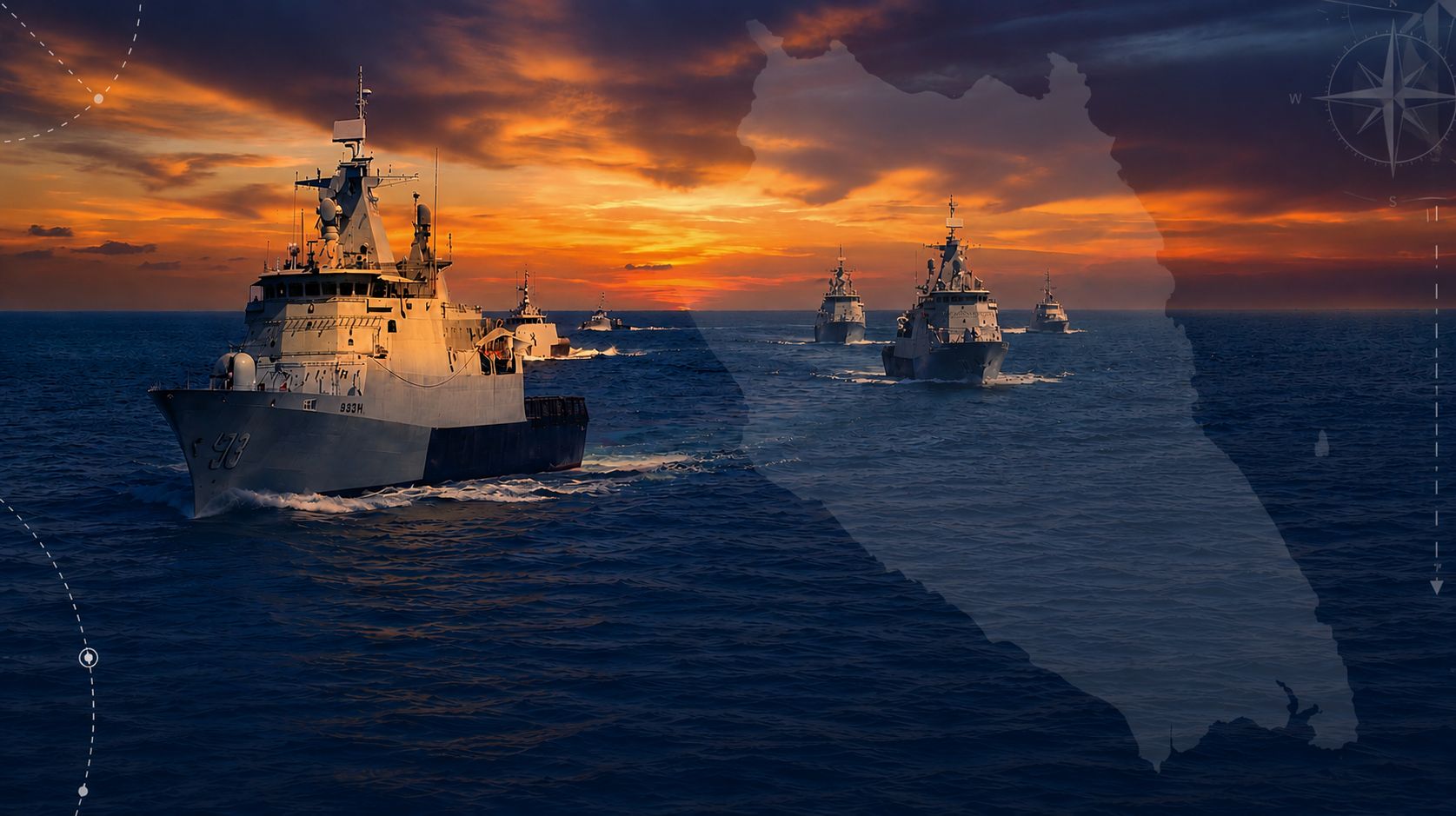 Armada kapal Tentera Laut Diraja Malaysia melayari perairan pada waktu senja